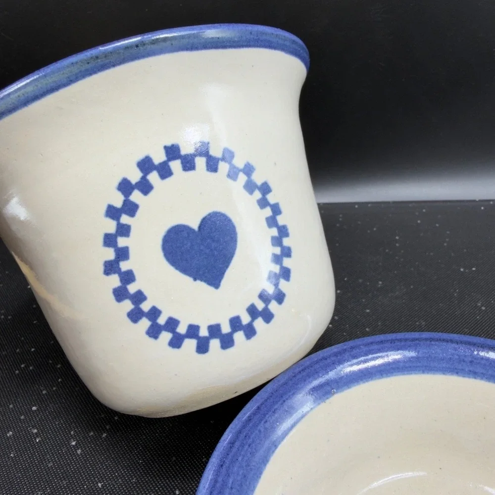 Brinker‎ Pots Dip Crock Set Blue Heart Stoneware Pottery Kansas City 2000s 2pc